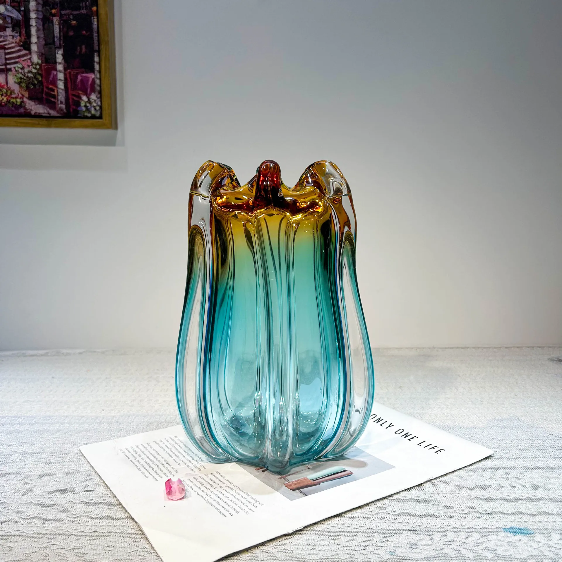 Modern light luxury gradual change handmade glass vase dining table hotel flower arrangement ornament high-end decoration