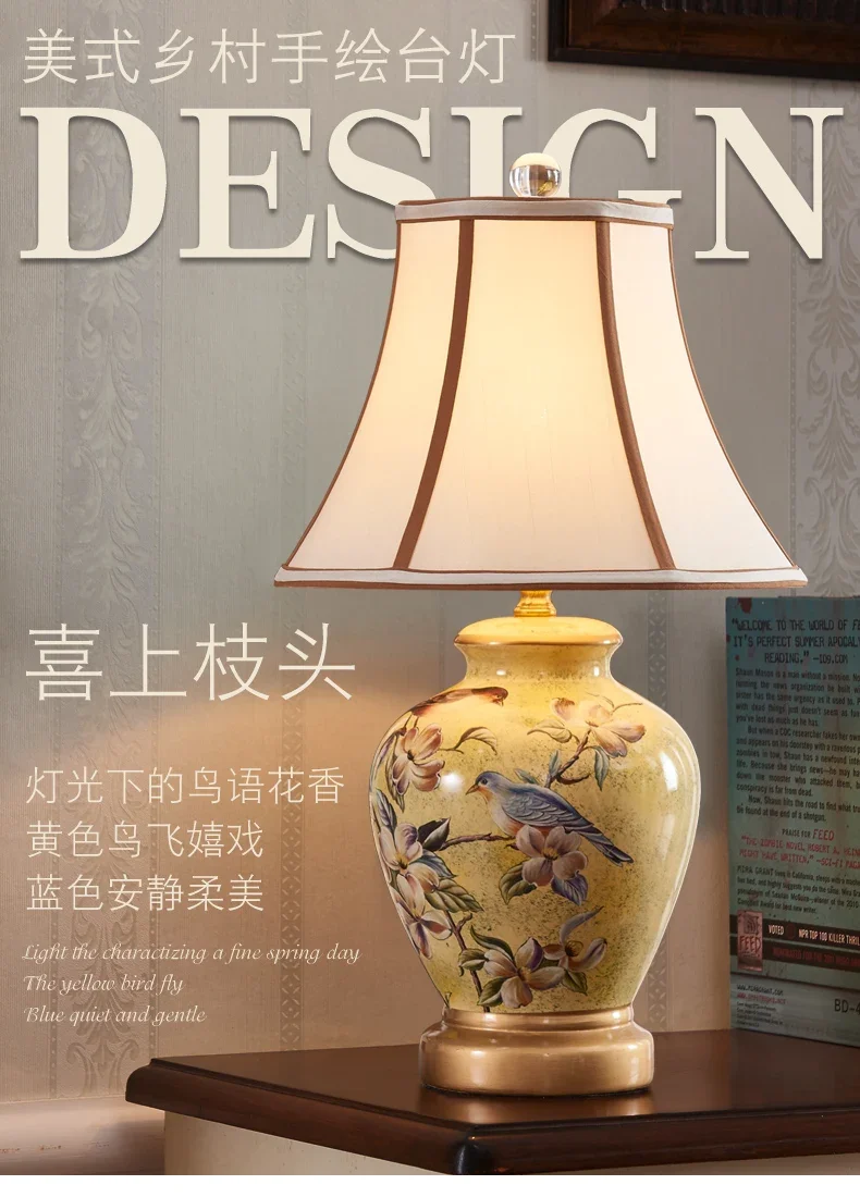 American Rural Handpainted Table Lamp Living Room Bedroom Bedside Lamp New Chinese Color Ceramic LED Table Lamp