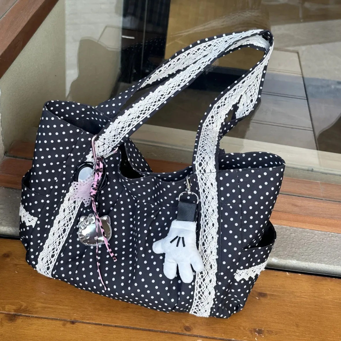 الكورية خمر البولكا نقطة قماش حقيبة كتف المرأة لطيف مقبض الدانتيل حقيبة سعة كبيرة حمل أكياس التخزين عادية ومتعددة الاستخدامات #2