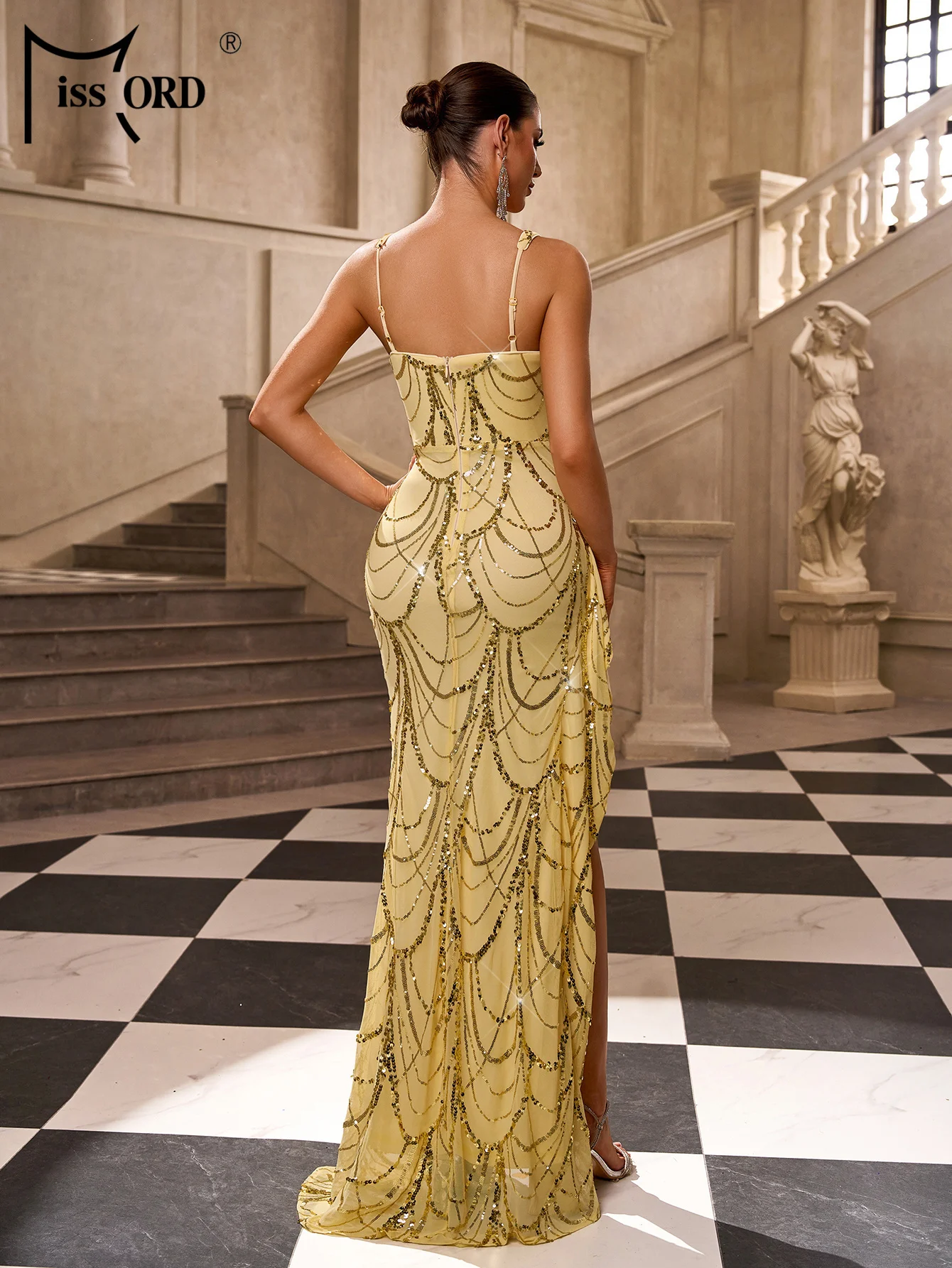 Missord New Spaghetti Paillettes Split Abito da sera Laurea Matrimonio Festa di compleanno Elegante bellissimo abito maxi da donna