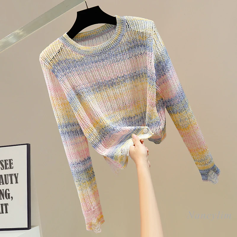 Autumn Fashion Irregular Sweater with Shoulder Pads Crew Neck Pullover Hollow Short Contrast Color Striped Knitted Sweater Women