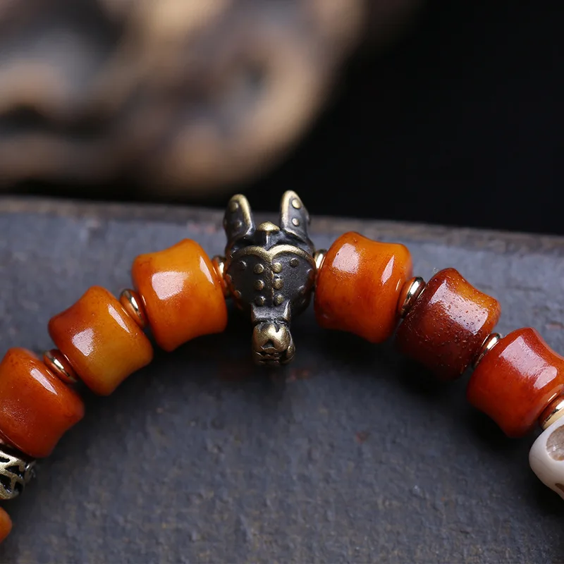 Yak bone bamboo joint bracelet, single strand, symbolizing upward growth, with deer antler, agate, dzi beads, sandalwood, and co