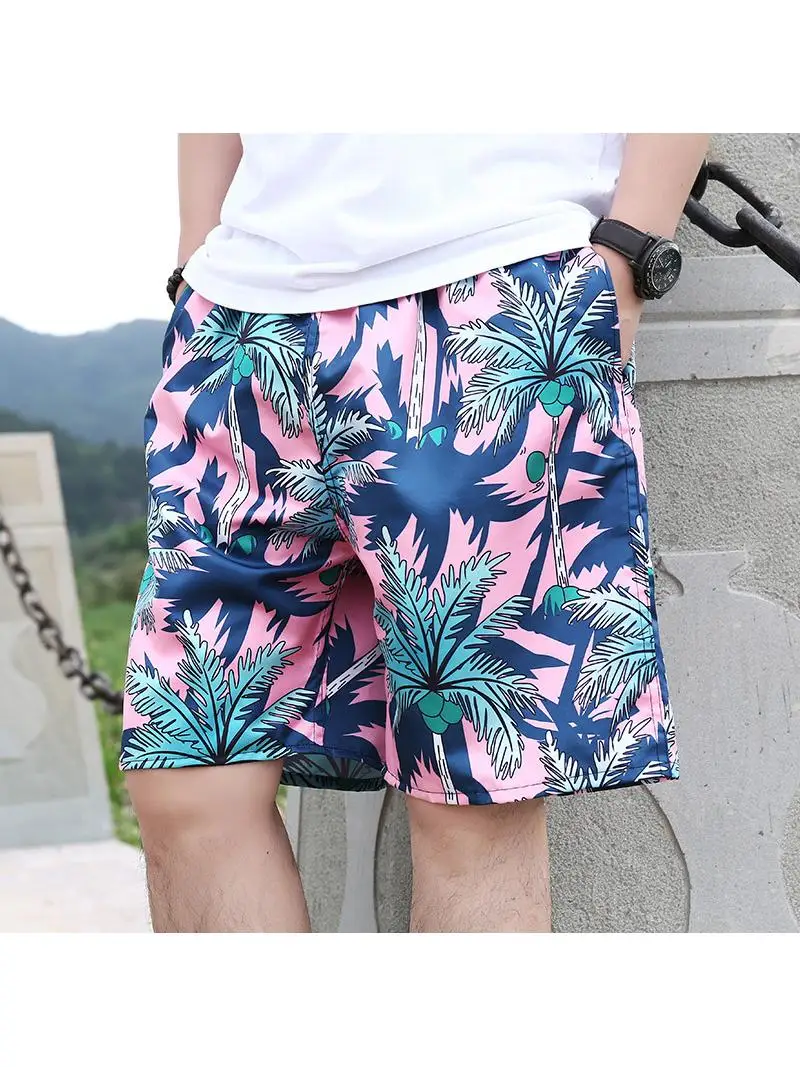 Men's Beach Shorts Quick Dry Loose Thin Five-Point Sport Casual Floral Pants British Style Polyester Fiber Straight Leg Strip...