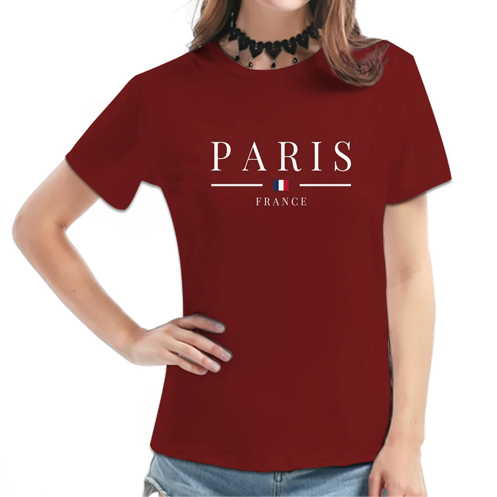 

Women's Burgundy Short-Sleeve Tee - Paris France Typography Graphic Print, Minimalist City Design Casual Top, Stylish Daily Wear