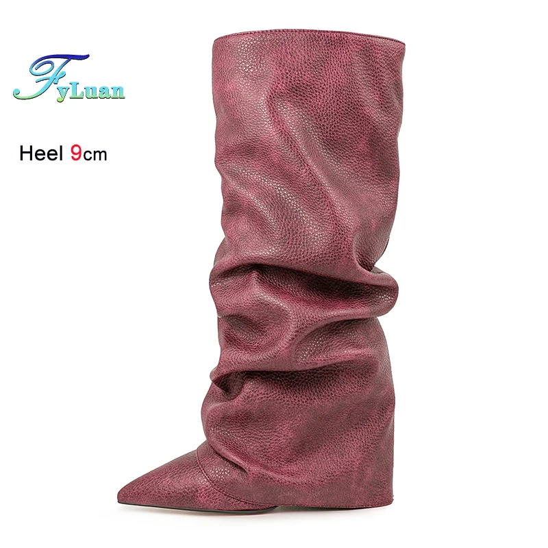 

2025 New Autumn Women Pointy Trousers Legs High Boots Fashion Turned-Over Edge Botas Mujer Pleated Boots 9CM Heel Model Shoes