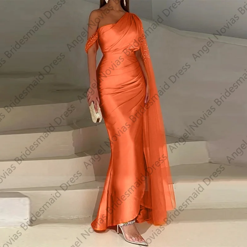 

Customized Long Sexy Orange Bridesmaid Dresses with Pearls Sash Wedding Guest Party Gowns vestido de madrinha de casamento