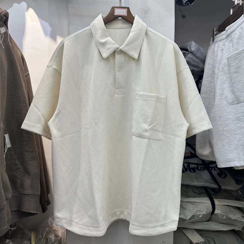 

Solid Color Waffle Polo Shirt Pockets T Shirt Men Women Casual Loose Cleanfit High Street Short Sleeve Office Commuter Clothes
