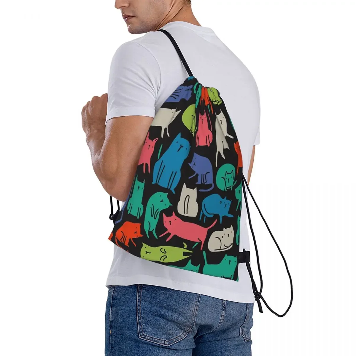 Gatos geniales Mochilas coloridas divertidas con diseño de mascotas para hombre y mujer, bolso con cordón, bolsa de almacenamiento con bolsillo