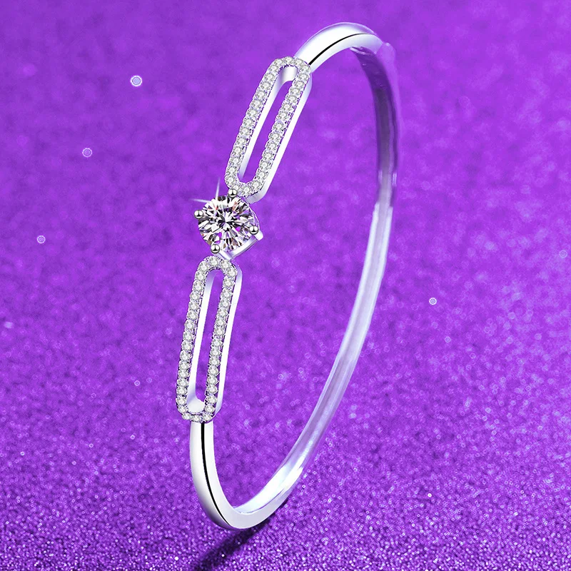 

S925 Silver White Gold Plated 1CT D Color Moissanite Micro-Pave 4-Prong Continuous Bangle for Women, Exquisite Jewelry.