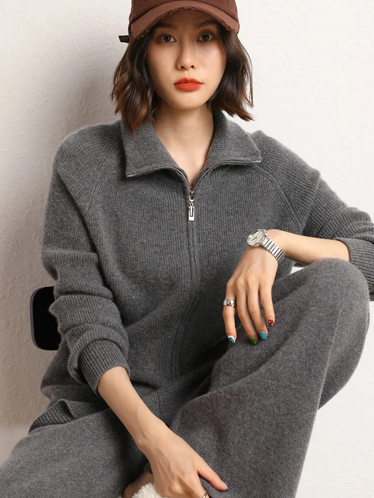 

MEETCC Women 100% Cashmere Sweater Jacket Long Sleeve Double Zipper Knit Outerwear Autumn Winter Turn Down Collar Soft Warm Tops