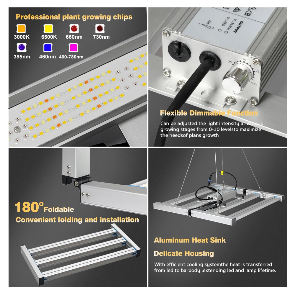 ضوء نمو كامل الطيف LED 240 وات - 900 وات، إطار من الألومنيوم - قابل للطي، إضاءة نمو النبات 85-265 فولت - سهلة التركيب - قابلة للتعتيم