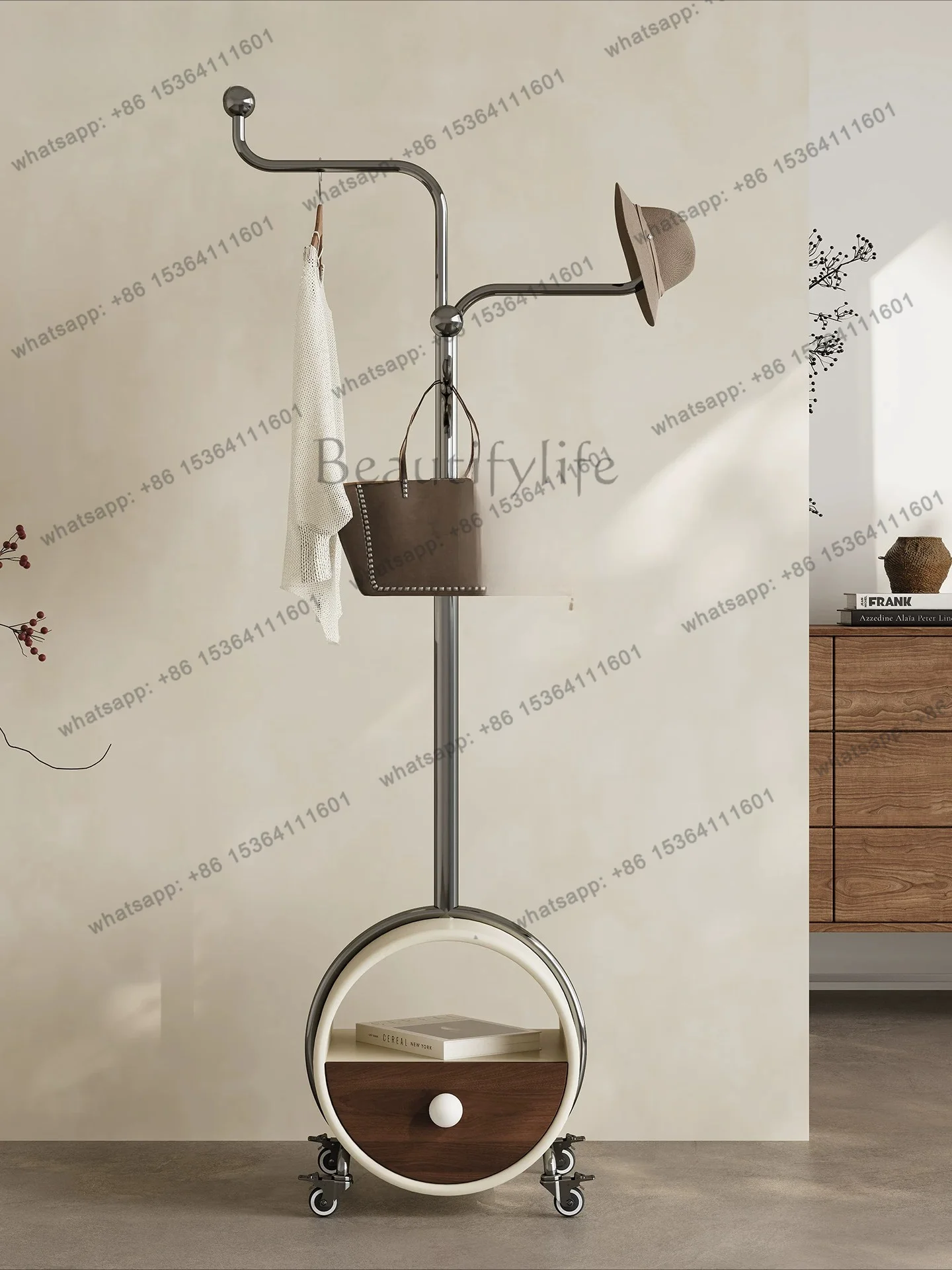 YJ Italian light luxury removable coat rack stainless steel bedside table hanger storage cabinet integrated