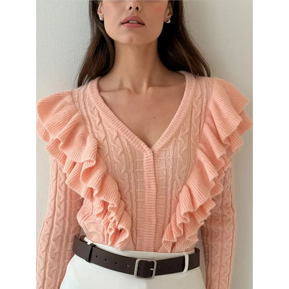 Spring Ruffles Tierred Knit Sweater Women Autumn Long-Sleeve V-Neck Elegant Sweet Jumper Pullover Cardigan Casual Femme Casual