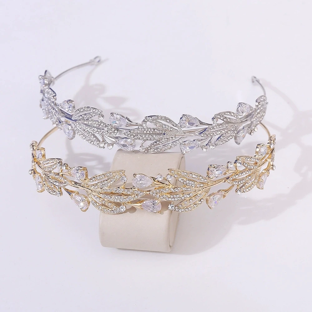 European Style Zirconia Bride Crown Leaf Alloy Grand Wedding Hair Accessory Rhinestone Princess Marriage Hair Decorations