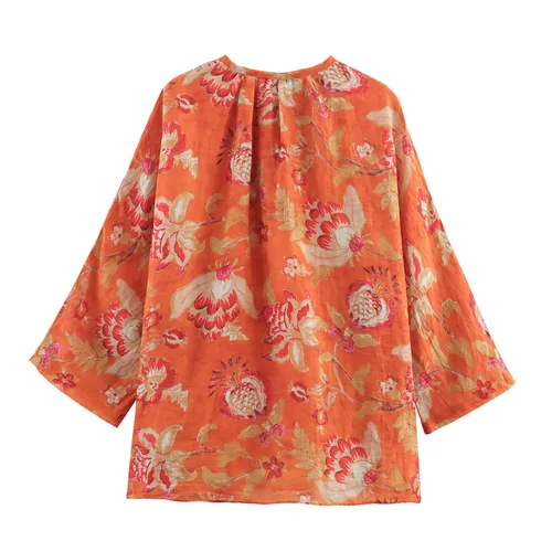 Imagen 2 del producto Camisa estampada con cordones para mujer, arte Retro, holgada, cuello redondo, plisada, manga larga, informal, jersey para ir al trabajo, blusa, Tops elegantes de verano