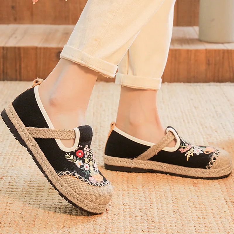 Casual Woman Shoe Female Footwear Round Toe Dress Summer New Lace-Up Fabric Microfiber Flower Ethnic Canvas Leisure PU Spring Pa