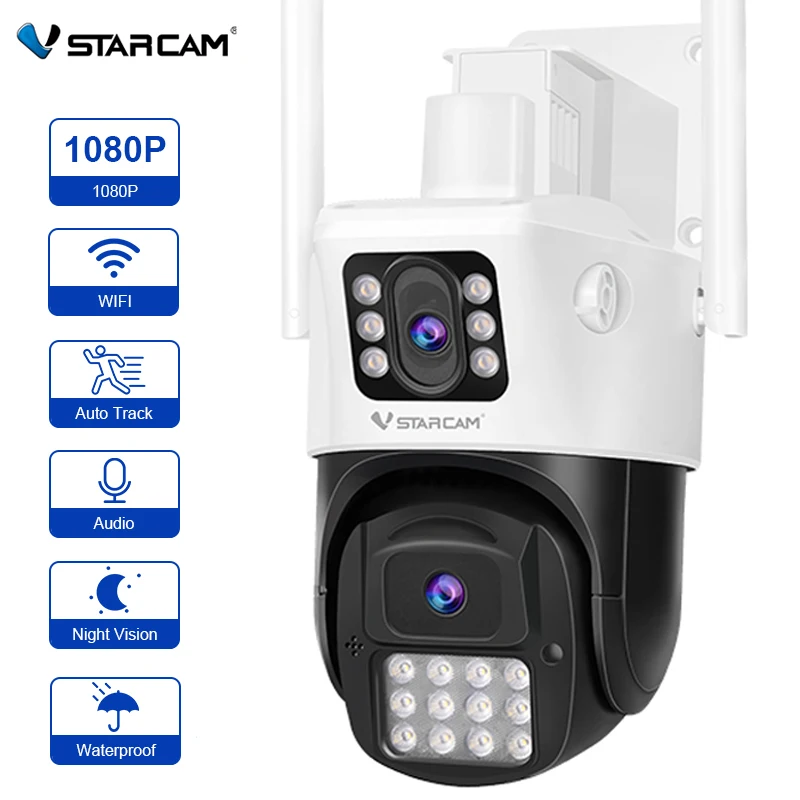 

Vstarcam 2-мегапиксельная камера с двойным объективом, двухэкранная Wi-Fi камера, наружная HD 1080P AI камера с обнаружением человека, ночным видением, 2-полосная IP-камера с аудио