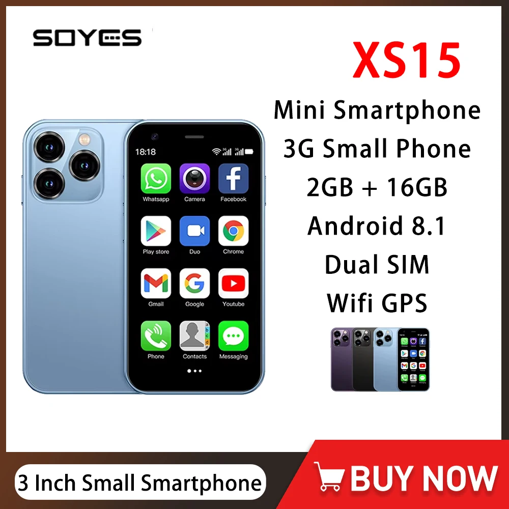 SOYES XS15 Ultra-thin 3 Inch Small Phones 2GB+16GB Dual SIM Standby 3G Mini Smartphone Android 8.1 1000mAh Wifi GPS Mobile Phone