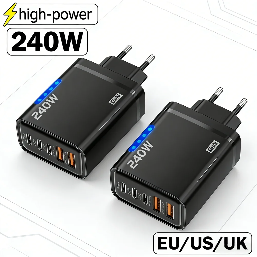 

Зарядное устройство GaN USB-C 5-в-1, 240 Вт, быстрая зарядка PD Type-C для мобильных телефонов, адаптер питания EU/US/UK, быстрая зарядка 3.0 USB