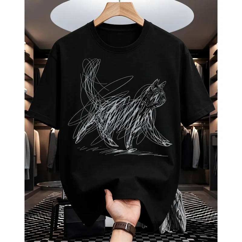 Abstract graffiti line art walking cat pattern black T-shirt