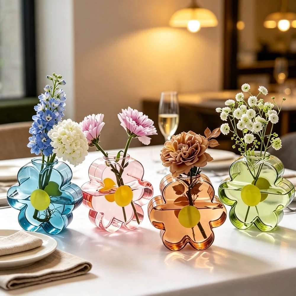 Multicolor Flower Glass Vase Petal Shape Vase with Yellow Center Ornament Glass Vase for Fresh Flowers Hydroponic Plant Decor