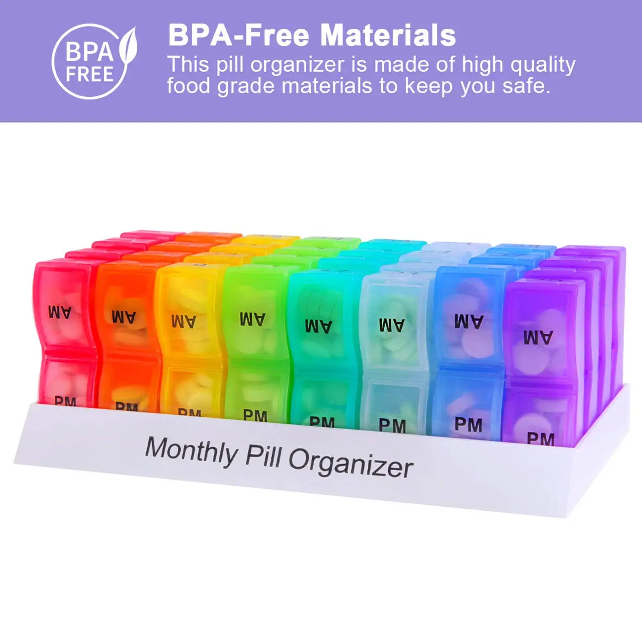 Monthly Pill Organizer Box 31 Day AM/PM Daily Case 32 Compartments For Each Dispenser Container To Hold Medication