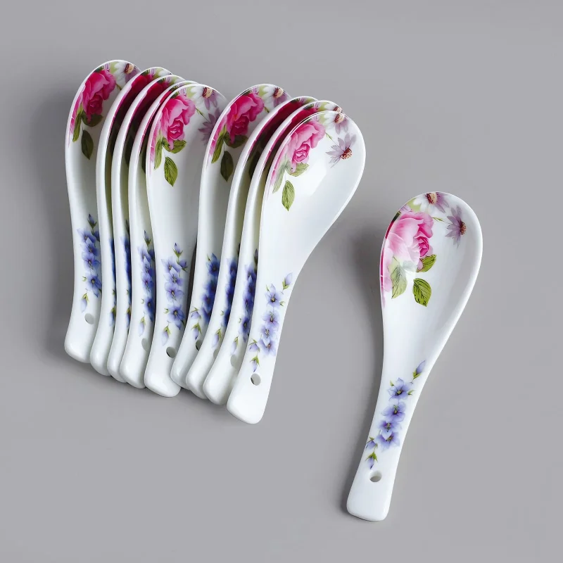 Juego de cuchara de porcelana de hueso, diseño de flor de Rosa, vajilla de cocina, cuchara de sopa, cuchara de cerámica para catering, cuchara pequeña, 10 piezas
