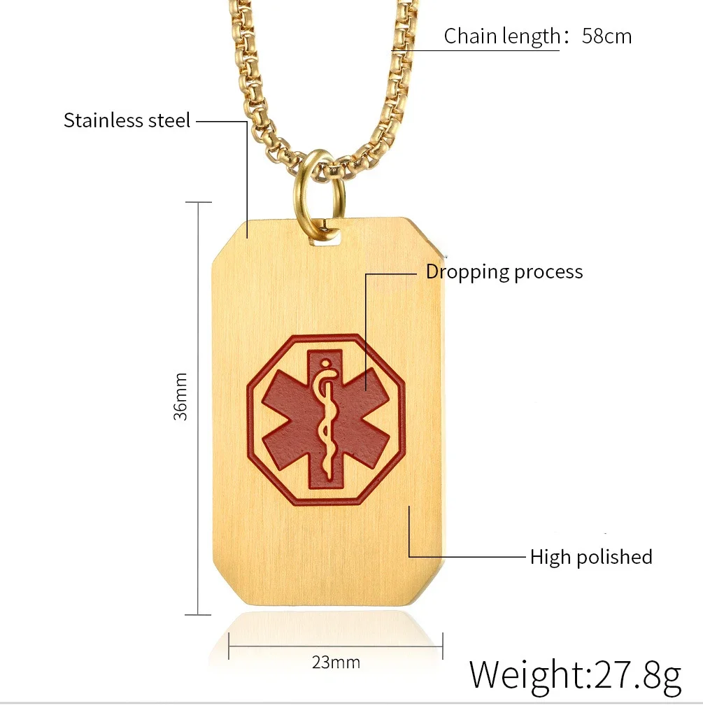 Customized DIY Medical Alert ID Necklace Dog Tag Pendant for Men Stainless Steel Matte ICE SOS Necklaces Personalized Jewelry