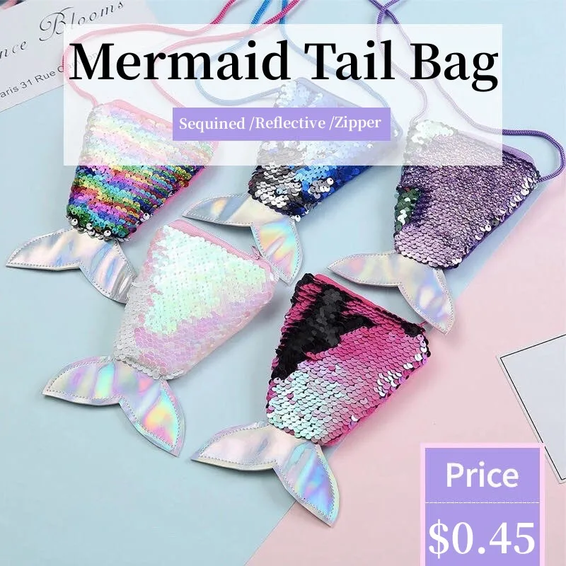 Women Mermaid Tail Sequins Coin Purse Girls Crossbody Bags Sling Money Change Card Holder Wallet Purse Bag Pouch For Kids Gifts