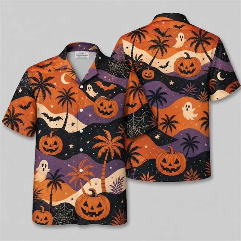 Men Retro Halloween Hawaiian Shirt 3D Print Ghost Pumpkin Skeleton Moon Candy Short Sleeve beach shirts Holiday Party Casual Top