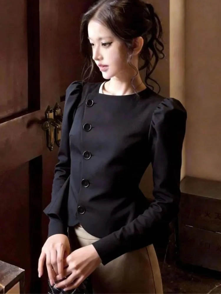 French Elegant Thin Blazers Long Sleeve Single Breasted Solid Color Design Suits Spring Autumn New Crop Tops Slim Women Clothing