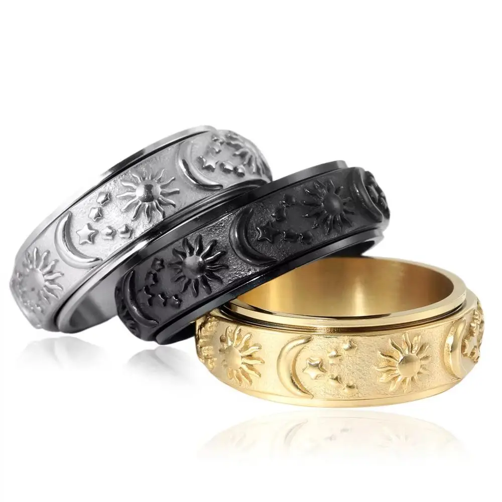 Unisex Bohemian Stainless Steel Star Moon Sun Rotating Ring Titanium Steel Anxiety Relief Charm Jewelry for Women