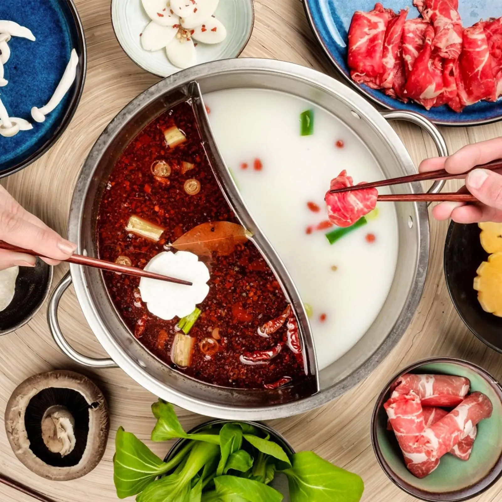 Divided Hot Pot Thickened Material Yuan Yang Pot Cookware Two-Flavor Double Handle for Family Dinner, Party