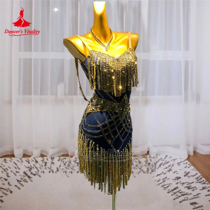 

Women Paso Doble Rumba Sleeveless Tassels Dresses with Necklace Adult Latin Perform&Contest Clothing Customize Dancer's Vitality