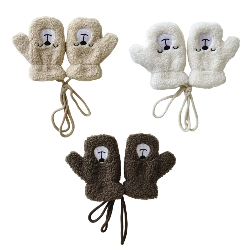 Boy & Girls Winter Gloves Full Finger Lamb Wool with Cartoon & Connecting Rope Kids Full Finger Gloves Comfortable Wear