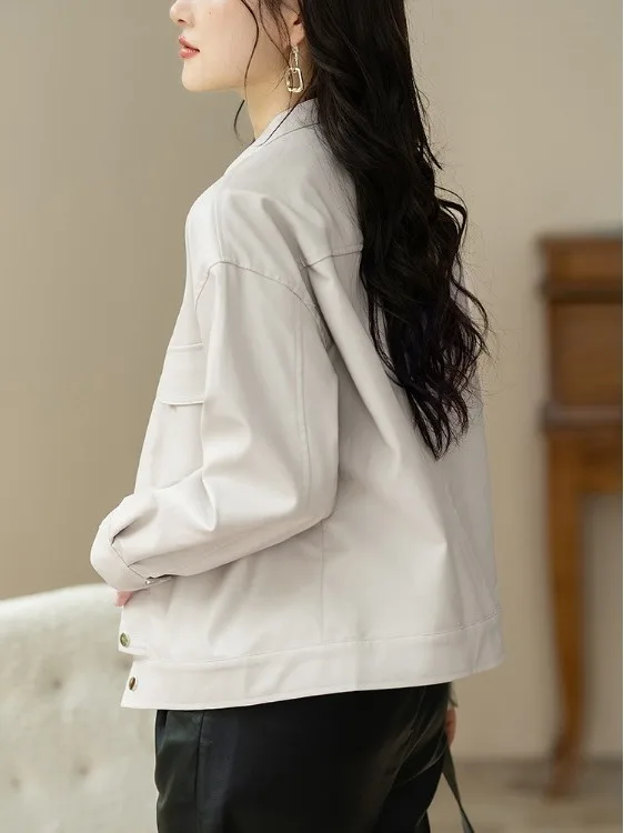 Women's ort Pure Color Jaet Versatile PU Leather Coat Casual Sle Long Sve Regular Length Autumn Winter Faion