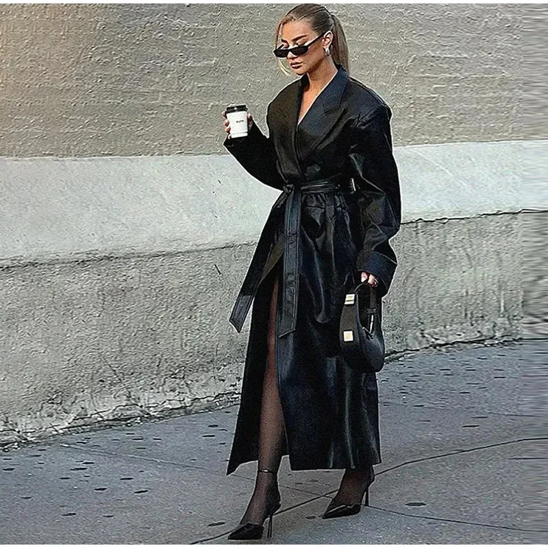 Women Fashion PU Leather Jacket Coat with Belt Autumn Winter 2025 Loose Long Windbreaker Trench Vintage Pockets Female Outerwear