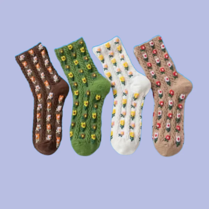 4/12 Pairs Ins Japanese Pastoral Style Small Flowers Sweet Floral Socks Women's 2024 Spring Socks Cute Retro Middle-tube Socks