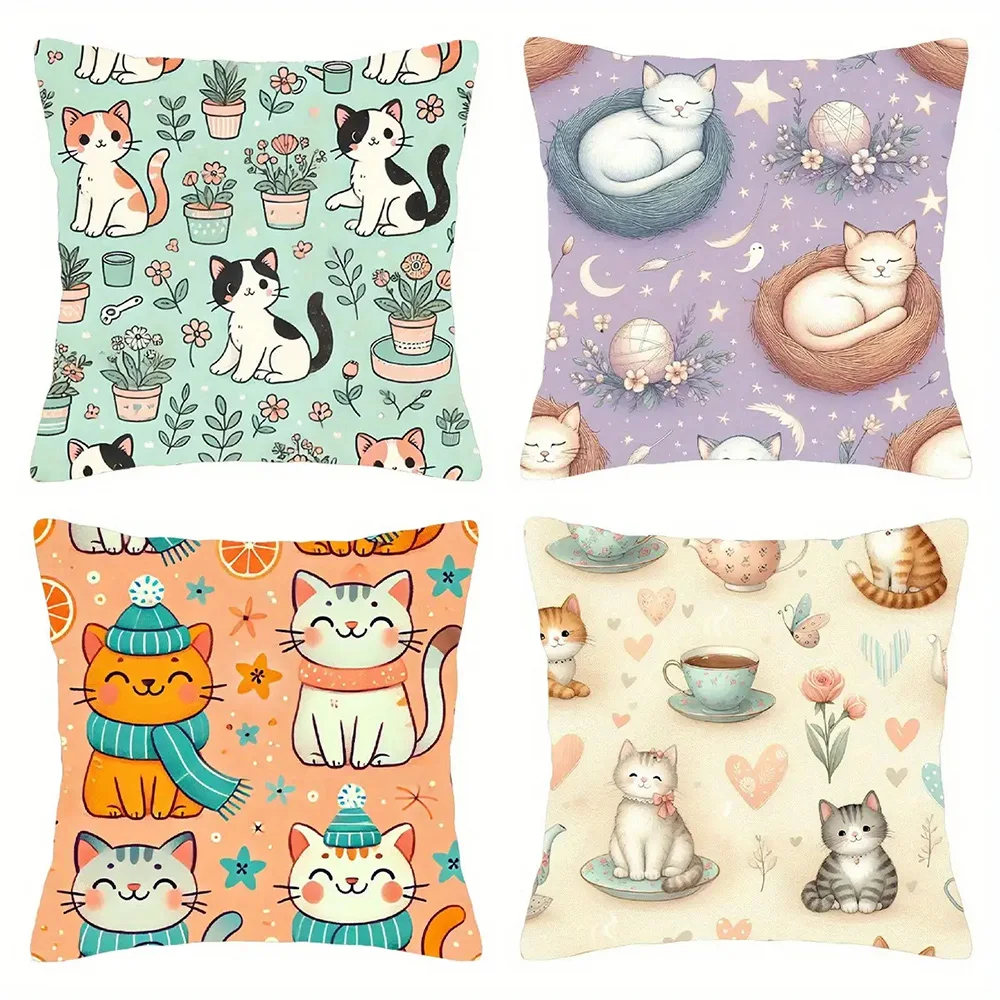 1pc Cute Cat Print Throw Pillow Covers, Kawaii Pet Themed Square Cushion Cases for Home Sofa Bedroom Decor