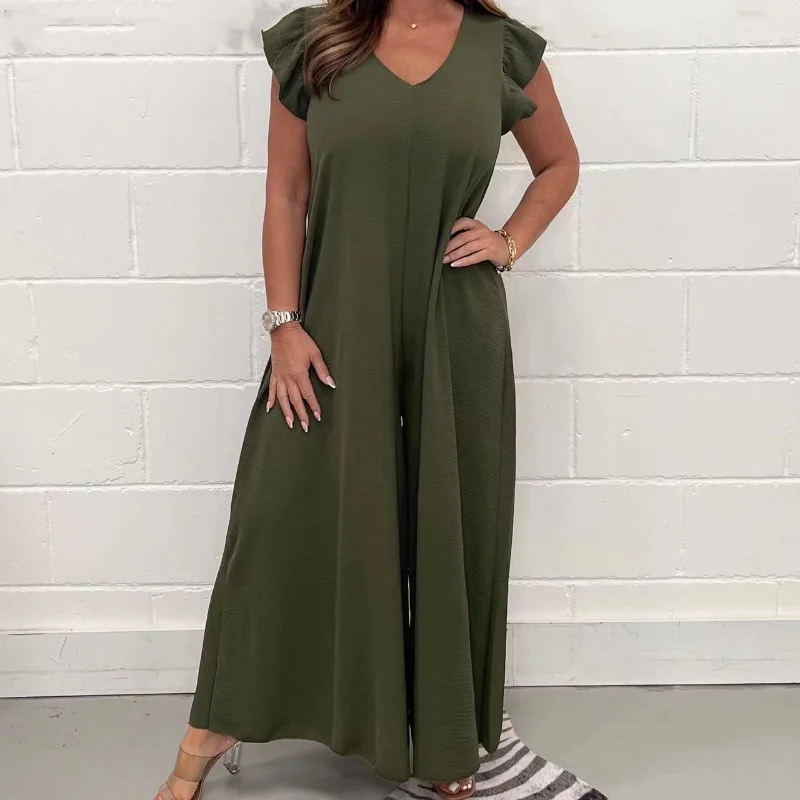 2023 Zomer Nieuwe Elegante Veelzijdige Dames 3/4 Mouw V-Hals Losse Taille Wijde Pijpen Casual Eenvoud Forenzenmode Jumpsuits