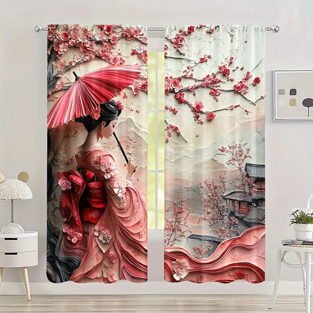 2 Pcs Vibrant Japanese Geisha Spring Curtains Polyester Sakura & Fuji Mountain Design for Bedroom Outdoor Festival Decor