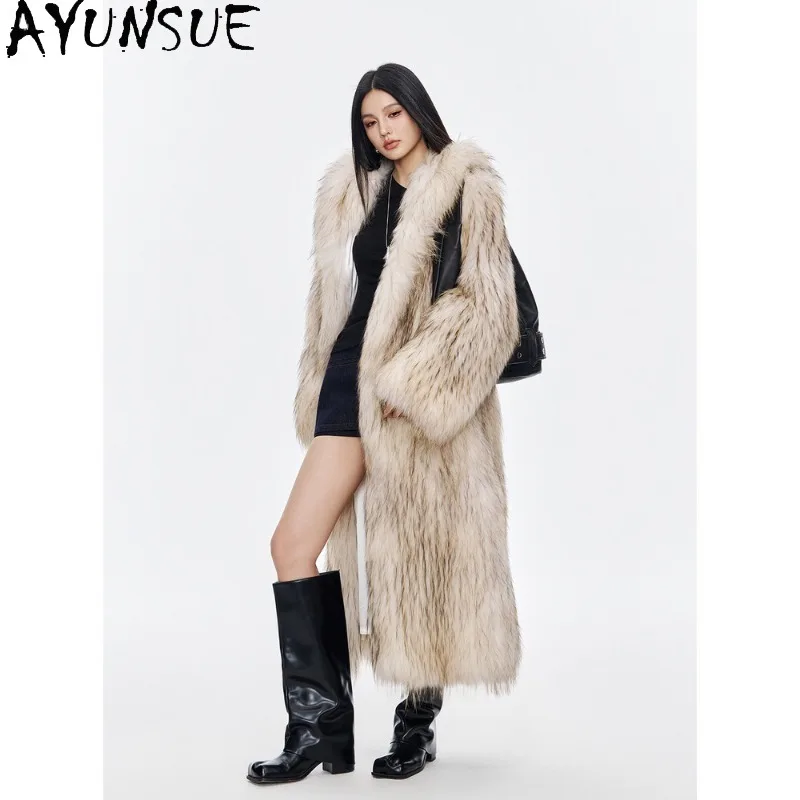 

AYUNSUE Raccoon Fur Coat Woman Luxury Winter Fur Jacket Long Fur Coats High Street Outerwears Woman Clothes Fourrures Femmes