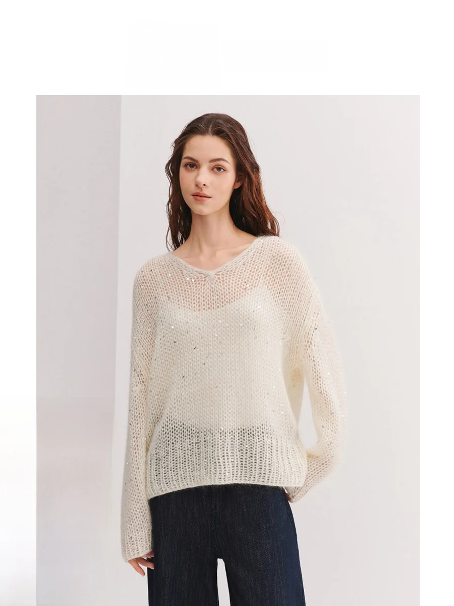

Vicenza Hollow out Knitted Wool Sweater Women's Loose Fit Casual Style Long Sleeve V-Neck Soft Comfortable Breathable White