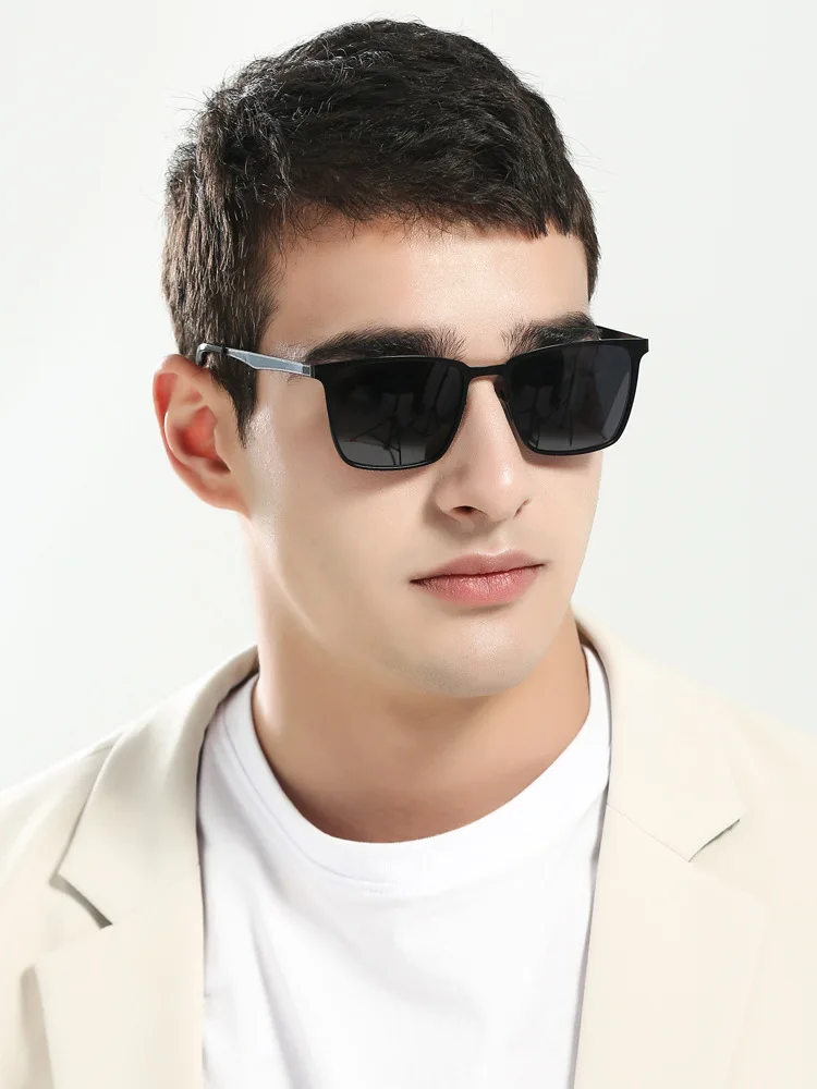 VIVIBEE Klassische Rechteck Polarisierte Sonnenbrille Männer Mattschwarz UV400 Fashion Square Sonnenbrille Federscharnier Driving Shades – Detail 3