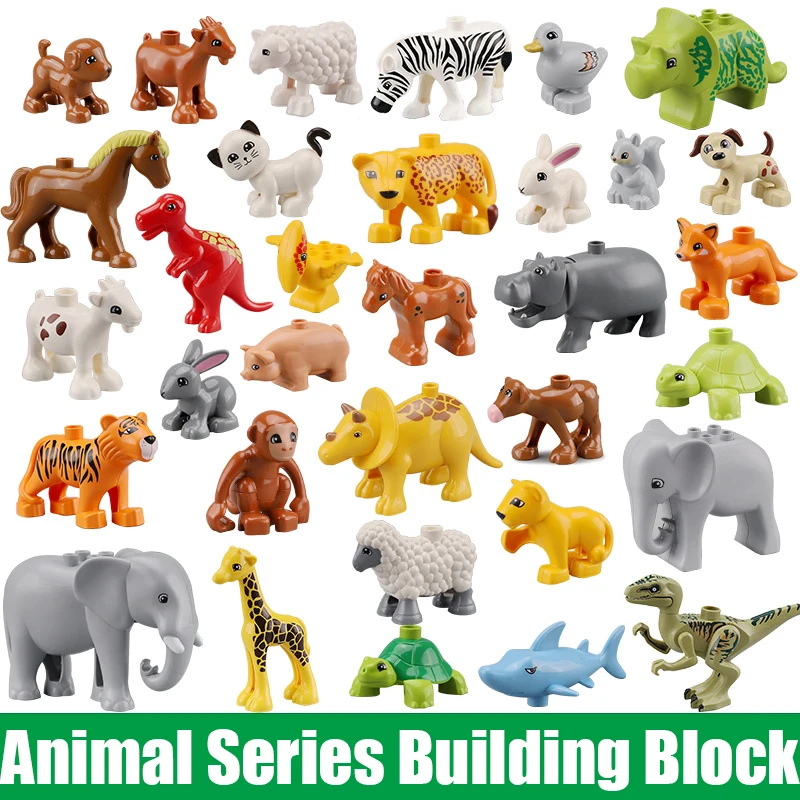 Farm Zoo Animal Building Blocks Dragon Crocodile Shark Dolphin Chimpanzee Cow Leopard Educational Game Accessories Bricks Toys