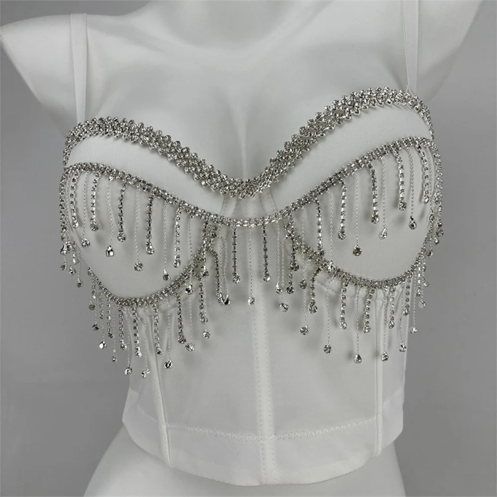 SXTHAENOO 2024 Fashion Sexy See Through Women Tassel Beading Bustier Bra Party Night Club Party Cropped Top Vest Ropa De Mujer