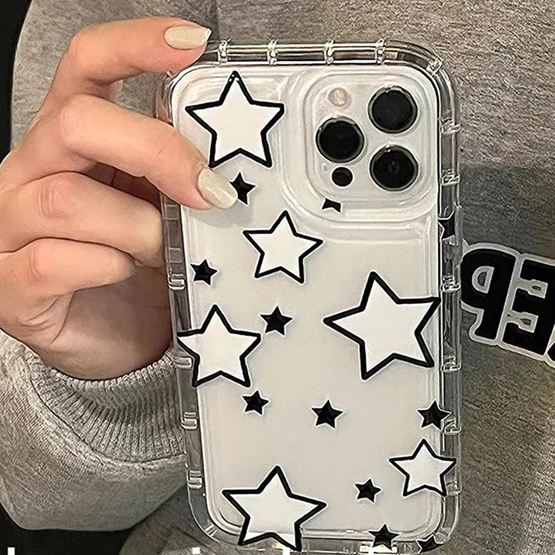 Black White Star Soft Clear Case for IPhone 14 15 Plus 13 14 11 12 Pro Max X XR XS Max 7 8 Plus SE Shockproof Airbag Cover Coque