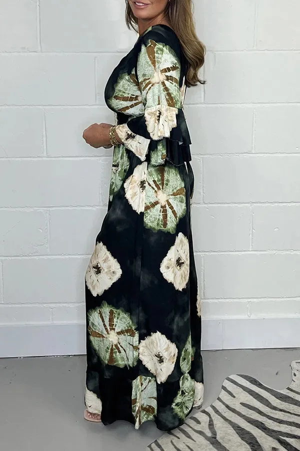 BKLD 2025 Summer New Fashion Printed Women Clothing One Pieces Deep V-Neck Ruffles Long Sleeve Wide Leg Pants Jumpsuits