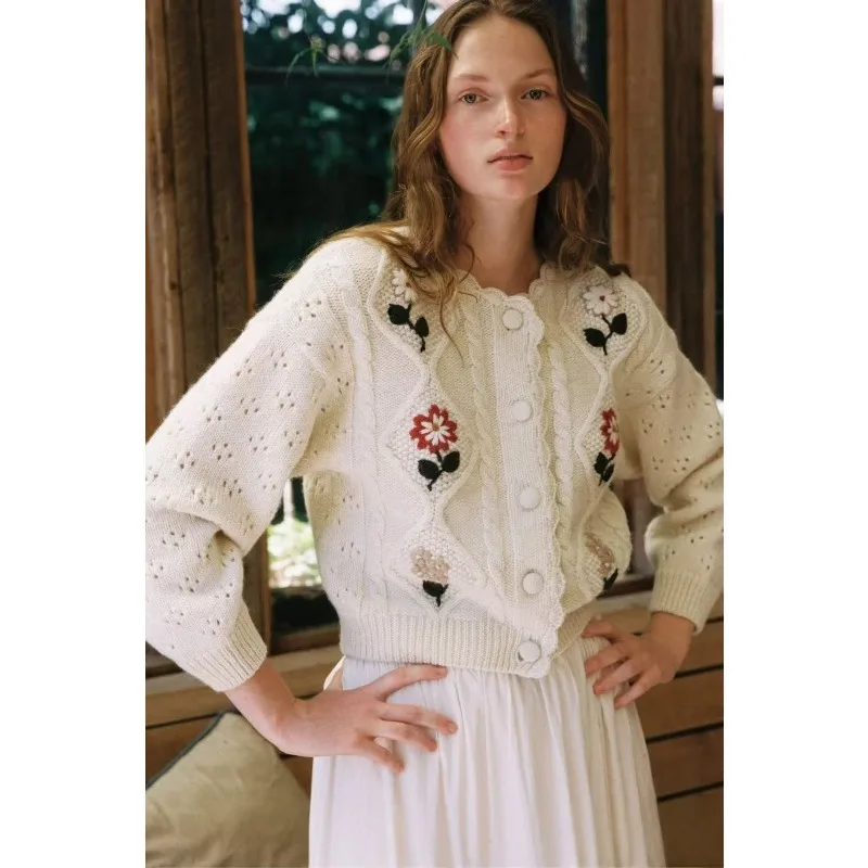 

Ins Blogger's Pure Handmade Cardigan Women's Embroidery Heavy Industry 100% All Wool Knitted Sweater Jacket