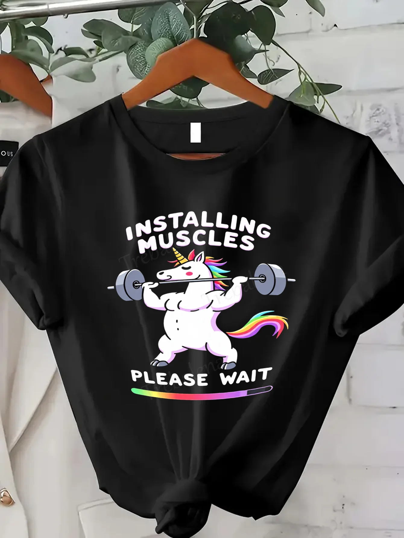 

Women T-shirt Unicorn Gym T-Shirt "Installing Muscles" Funny Workout Tee